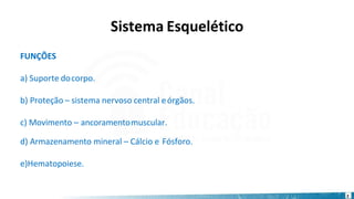 Sistema Esquelético
2
FUNÇÕES
a) Suporte docorpo.
b) Proteção – sistema nervoso central eórgãos.
c) Movimento – ancoramentomuscular.
d) Armazenamento mineral – Cálcio e Fósforo.
e)Hematopoiese.
 