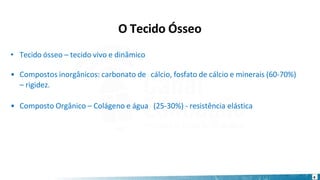 • Tecido ósseo – tecido vivo e dinâmico
• Compostos inorgânicos: carbonato de cálcio, fosfato de cálcio e minerais (60-70%)
– rigidez.
• Composto Orgânico – Colágeno e água (25-30%) - resistência elástica
4
O Tecido Ósseo
 