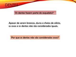 DENTES
Apesar de serem brancos, duros e cheios de cálcio,
os ossos e os dentes não são considerados iguais.
Os dentes fazem parte do esqueleto?
Por que os dentes não são considerados ossos?
 