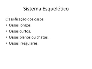 Sistema Esquelético Classificação dos ossos: Ossos longos. Ossos curtos. Ossos planos ou chatos. Ossos irregulares. 