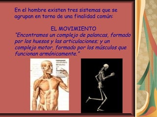 En el hombre existen tres sistemas que se
agrupan en torno de una finalidad común:
EL MOVIMIENTO
“Encontramos un complejo de palancas, formado
por los huesos y las articulaciones; y un
complejo motor, formado por los músculos que
funcionan armónicamente.”
 