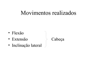 Movimentos realizados
• Flexão
• Extensão Cabeça
• Inclinação lateral
 