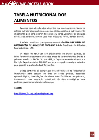 32
TABELA NUTRICIONAL DOS
ALIMENTOS
Conheça cada detalhe dos alimentos que você consome. Saber os
valores nutricionais dos alimentos de sua dieta anabólica é extremamente
importante, pois será a partir deles que seu corpo vai retirar as energias
necessárias para construir em você mais músculos, fortes, densos e secos!
A tabela nutricional que apresentamos é a TABELA BRASILEIRA DE
COMPOSIÇÃO DE ALIMENTOS TBCA-USP 4.1 da Faculdade de Ciências
Farmacêuticas - USP.
Os dados da TBCA-USP são provenientes de análise química, os
quais foram criteriosamente avaliados antes de serem incluídos. Desde a
primeira versão da TBCA-USP, em 1998, o Departamento de Alimentos e
Nutrição Experimental da FCF-USP tem se preocupado em adotar critérios
para garantir a qualidade das informações.
Dados confiáveis de composição de alimentos são de fundamental
importância para estudos na área de saúde pública, pesquisas
epidemiológicas, formulações de dietas com finalidades terapêuticas,
treinamento para educação nutricional, decisões estratégicas para
políticas governamentais sobre alimentos.
ACESSE:
http://www.fcf.usp.br/tabela/index.asp
 