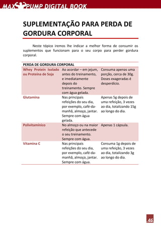 46
SUPLEMENTAÇÃO PARA PERDA DE
GORDURA CORPORAL
Neste tópico iremos lhe indicar a melhor forma de consumir os
suplementos que funcionam para o seu corpo para perder gordura
corporal.
PERDA DE GORDURA CORPORAL
Whey Protein Isolado
ou Proteína de Soja
Ao acordar – em jejum,
antes do treinamento,
e imediatamente
depois do
treinamento. Sempre
com água gelada.
Consuma apenas uma
porção, cerca de 30g.
Doses exageradas é
desperdício.
Glutamina Nas principais
refeições do seu dia,
por exemplo, café-da-
manhã, almoço, jantar.
Sempre com água
gelada.
Apenas 5g depois de
uma refeição, 3 vezes
ao dia, totalizando 15g
ao longo do dia.
Polivitamínico No almoço ou na maior
refeição que antecede
o seu treinamento.
Sempre com água.
Apenas 1 cápsula.
Vitamina C Nas principais
refeições do seu dia,
por exemplo, café-da-
manhã, almoço, jantar.
Sempre com água.
Consuma 1g depois de
uma refeição, 3 vezes
ao dia, totalizando 3g
ao longo do dia.
 