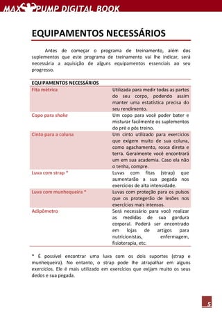 5
EQUIPAMENTOS NECESSÁRIOS
Antes de começar o programa de treinamento, além dos
suplementos que este programa de treinamento vai lhe indicar, será
necessária a aquisição de alguns equipamentos essenciais ao seu
progresso.
EQUIPAMENTOS NECESSÁRIOS
Fita métrica Utilizada para medir todas as partes
do seu corpo, podendo assim
manter uma estatística precisa do
seu rendimento.
Copo para shake Um copo para você poder bater e
misturar facilmente os suplementos
do pré e pós treino.
Cinto para a coluna Um cinto utilizado para exercícios
que exigem muito de sua coluna,
como agachamento, rosca direta e
terra. Geralmente você encontrará
um em sua academia. Caso ela não
o tenha, compre.
Luva com strap * Luvas com fitas (strap) que
aumentarão a sua pegada nos
exercícios de alta intensidade.
Luva com munhequeira * Luvas com proteção para os pulsos
que os protegerão de lesões nos
exercícios mais intensos.
Adipômetro Será necessário para você realizar
as medidas de sua gordura
corporal. Poderá ser encontrado
em lojas de artigos para
nutricionistas, enfermagem,
fisioterapia, etc.
* É possível encontrar uma luva com os dois suportes (strap e
munhequeira). No entanto, o strap pode lhe atrapalhar em alguns
exercícios. Ele é mais utilizado em exercícios que exijam muito os seus
dedos e sua pegada.
 