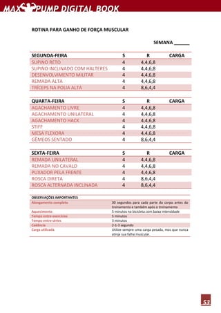 53
ROTINA PARA GANHO DE FORÇA MUSCULAR
SEMANA ______
SEGUNDA-FEIRA S R CARGA
SUPINO RETO 4 4,4,6,8
SUPINO INCLINADO COM HALTERES 4 4,4,6,8
DESENVOLVIMENTO MILITAR 4 4,4,6,8
REMADA ALTA 4 4,4,6,8
TRÍCEPS NA POLIA ALTA 4 8,6,4,4
QUARTA-FEIRA S R CARGA
AGACHAMENTO LIVRE 4 4,4,6,8
AGACHAMENTO UNILATERAL 4 4,4,6,8
AGACHAMENTO HACK 4 4,4,6,8
STIFF 4 4,4,6,8
MESA FLEXORA 4 4,4,6,8
GÊMEOS SENTADO 4 8,6,4,4
SEXTA-FEIRA S R CARGA
REMADA UNILATERAL 4 4,4,6,8
REMADA NO CAVALO 4 4,4,6,8
PUXADOR PELA FRENTE 4 4,4,6,8
ROSCA DIRETA 4 8,6,4,4
ROSCA ALTERNADA INCLINADA 4 8,6,4,4
OBSERVAÇÕES IMPORTANTES
Alongamento completo 30 segundos para cada parte do corpo antes do
treinamento e também após o treinamento
Aquecimento 5 minutos na bicicleta com baixa intensidade
Tempo entre exercícios 5 minutos
Tempo entre séries 3 minutos
Cadência 2-1-3 segundo
Carga utilizada Utilize sempre uma carga pesada, mas que nunca
atinja sua falha muscular.
 