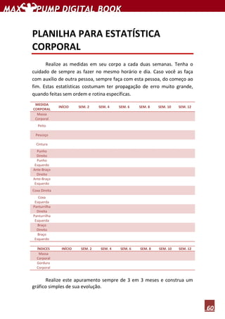 60
PLANILHA PARA ESTATÍSTICA
CORPORAL
Realize as medidas em seu corpo a cada duas semanas. Tenha o
cuidado de sempre as fazer no mesmo horário e dia. Caso você as faça
com auxílio de outra pessoa, sempre faça com esta pessoa, do começo ao
fim. Estas estatísticas costumam ter propagação de erro muito grande,
quando feitas sem ordem e rotina específicas.
MEDIDA
CORPORAL
INÍCIO SEM. 2 SEM. 4 SEM. 6 SEM. 8 SEM. 10 SEM. 12
Massa
Corporal
Peito
Pescoço
Cintura
Punho
Direito
Punho
Esquerdo
Ante-Braço
Direito
Ante-Braço
Esquerdo
Coxa Direita
Coxa
Esquerda
Panturrilha
Direita
Panturrilha
Esquerda
Braço
Direito
Braço
Esquerdo
ÍNDICES INÍCIO SEM. 2 SEM. 4 SEM. 6 SEM. 8 SEM. 10 SEM. 12
Massa
Corporal
Gordura
Corporal
Realize este apuramento sempre de 3 em 3 meses e construa um
gráfico simples de sua evolução.
 