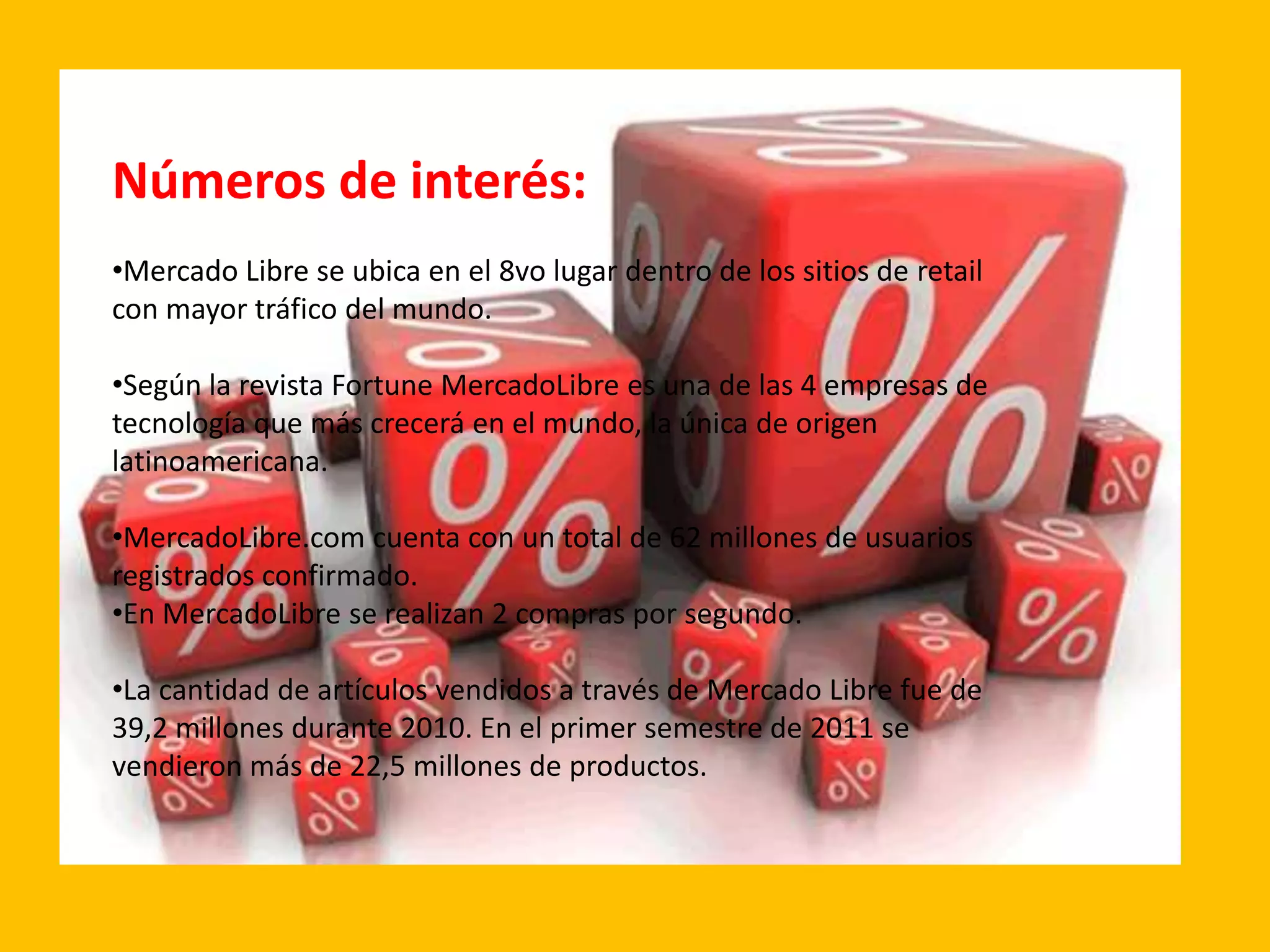 Números de interés:
•Mercado Libre se ubica en el 8vo lugar dentro de los sitios de retail
con mayor tráfico del mundo.

•Según la revista Fortune MercadoLibre es una de las 4 empresas de
tecnología que más crecerá en el mundo, la única de origen
latinoamericana.

•MercadoLibre.com cuenta con un total de 62 millones de usuarios
registrados confirmado.
•En MercadoLibre se realizan 2 compras por segundo.

•La cantidad de artículos vendidos a través de Mercado Libre fue de
39,2 millones durante 2010. En el primer semestre de 2011 se
vendieron más de 22,5 millones de productos.
 