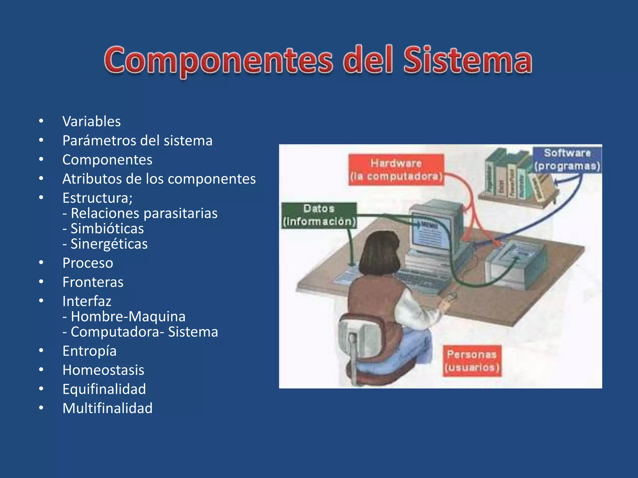 •   Variables
•   Parámetros del sistema
•   Componentes
•   Atributos de los componentes
•   Estructura;
    - Relaciones parasitarias
    - Simbióticas
    - Sinergéticas
•   Proceso
•   Fronteras
•   Interfaz
    - Hombre-Maquina
    - Computadora- Sistema
•   Entropía
•   Homeostasis
•   Equifinalidad
•   Multifinalidad
 