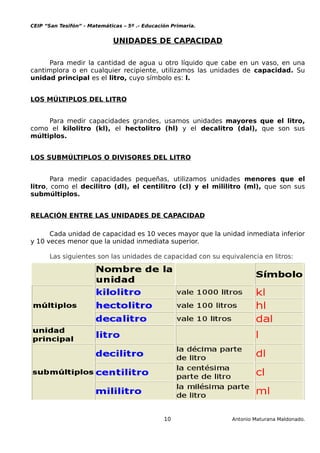 CEIP “San Tesifón” - Matemáticas – 5º .- Educación Primaria.
UNIDADES DE CAPACIDAD
Para medir la cantidad de agua u otro líquido que cabe en un vaso, en una
cantimplora o en cualquier recipiente, utilizamos las unidades de capacidad. Su
unidad principal es el litro, cuyo símbolo es: l.
LOS MÚLTIPLOS DEL LITRO
Para medir capacidades grandes, usamos unidades mayores que el litro,
como el kilolitro (kl), el hectolitro (hl) y el decalitro (dal), que son sus
múltiplos.
LOS SUBMÚLTIPLOS O DIVISORES DEL LITRO
Para medir capacidades pequeñas, utilizamos unidades menores que el
litro, como el decilitro (dl), el centilitro (cl) y el mililitro (ml), que son sus
submúltiplos.
RELACIÓN ENTRE LAS UNIDADES DE CAPACIDAD
Cada unidad de capacidad es 10 veces mayor que la unidad inmediata inferior
y 10 veces menor que la unidad inmediata superior.
Las siguientes son las unidades de capacidad con su equivalencia en litros:
10 Antonio Maturana Maldonado.
 