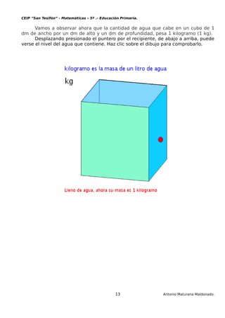 CEIP “San Tesifón” - Matemáticas – 5º .- Educación Primaria.
Vamos a observar ahora que la cantidad de agua que cabe en un cubo de 1
dm de ancho por un dm de alto y un dm de profundidad, pesa 1 kilogramo (1 kg).
Desplazando presionado el puntero por el recipiente, de abajo a arriba, puede
verse el nivel del agua que contiene. Haz clic sobre el dibujo para comprobarlo.
13 Antonio Maturana Maldonado.
 