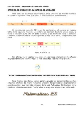 CEIP “San Tesifón” - Matemáticas – 5º .- Educación Primaria.
CAMBIOS DE UNIDAD CON EL CUADRO DE UNIDADES
Otra forma de establecer equivalencias entre unidades de medida de masa,
es utilizar la siguiente tabla, que aplica la operación vista anteriormente.
x ----> <---- :
kg hg dag g dg cg mg
Si necesitamos convertir 43'4 g en kg escribiremos el numeral en nuestra
tabla de la siguiente manera: Los enteros se escriben desde la unidad dada, g,
hacia la izquierda (una cifra en cada casillero) y los decimales hacia la derecha.
Corremos la coma hasta la columna pedida. Si nos faltan cifras, completamos con
ceros.
kg hg dag g dg cg mg
0' 0 4 3 4
43'4g = 0'0434 kg
Por último, vas a realizar una serie de ejercicios interactivos de refuerzo
desplazándonos una vez más hasta la web Descartes. Haz clic sobre la flecha.
AUTOCOMPROBACIÓN DE LOS CONOCIMIENTOS ADQUIRIDOS EN EL TEMA
Para finalizar este tema, vamos poner a prueba los conocimientos que has
adquirido a lo largo del mismo realizando una serie de ejercicios que te proponemos
a continuación y que han sido extraídos de la web Matemáticas IES. Cópialos en tu
cuaderno e intenta resolverlos Pincha sobre su anagrama si quieres ver dicha web.
17 Antonio Maturana Maldonado.
 