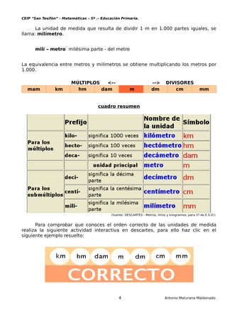 CEIP “San Tesifón” - Matemáticas – 5º .- Educación Primaria.
La unidad de medida que resulta de dividir 1 m en 1.000 partes iguales, se
llama: milímetro.
milí – metro  milésima parte - del metro
La equivalencia entre metros y milímetros se obtiene multiplicando los metros por
1.000.
MÚLTIPLOS <-- --> DIVISORES
mam km hm dam m dm cm mm
cuadro resumen
(fuente: DESCARTES - Metros, litros y kilogramos; para 1º de E.S.O.)
Para comprobar que conoces el orden correcto de las unidades de medida
realiza la siguiente actividad interactiva en descartes, para ello haz clic en el
siguiente ejemplo resuelto:
4 Antonio Maturana Maldonado.
 