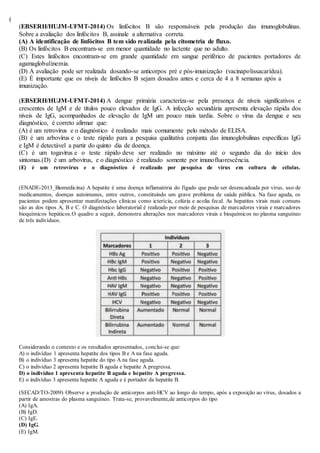(
(EBSERH/HUJM-UFMT-2014) Os linfócitos B são responsáveis pela produção das imunoglobulinas.
Sobre a avaliação dos linfócitos B, assinale a alternativa correta.
(A) A identificação de linfócitos B tem sido realizada pela citometria de fluxo.
(B) Os linfócitos B encontram-se em menor quantidade no lactente que no adulto.
(C) Estes linfócitos encontram-se em grande quantidade em sangue periférico de pacientes portadores de
agamaglobulinemia.
(D) A avaliação pode ser realizada dosando-se anticorpos pré e pós-imunização (vacinapolissacarídea).
(E) É importante que os níveis de linfócitos B sejam dosados antes e cerca de 4 a 8 semanas após a
imunização.
(EBSERH/HUJM-UFMT-2014) A dengue primária caracteriza-se pela presença de níveis significativos e
crescentes de IgM e de títulos pouco elevados de IgG. A infecção secundária apresenta elevação rápida dos
níveis de IgG, acompanhados de elevação de IgM um pouco mais tardia. Sobre o vírus da dengue e seu
diagnóstico, é correto afirmar que:
(A) é um retrovírus e o diagnóstico é realizado mais comumente pelo método de ELISA.
(B) é um arbovírus e o teste rápido para a pesquisa qualitativa conjunta das imunoglobulinas específicas IgG
e IgM é detectável a partir do quinto dia de doença.
(C) é um togavírus e o teste rápido deve ser realizado no máximo até o segundo dia do início dos
sintomas.(D) é um arbovírus, e o diagnóstico é realizado somente por imunofluorescência.
(E) é um retrovírus e o diagnóstico é realizado por pesquisa de vírus em cultura de células.
(ENADE-2013_Biomedicina) A hepatite é uma doença inflamatória do fígado que pode ser desencadeada por vírus, uso de
medicamentos, doenças autoimunes, entre outros, constituindo um grave problema de saúde pública. Na fase aguda, os
pacientes podem apresentar manifestações clínicas como icterícia, colúria e acolia fecal. As hepatites virais mais comuns
são as dos tipos A, B e C. O diagnóstico laboratorial é realizado por meio de pesquisas de marcadores virais e marcadores
bioquímicos hepáticos.O quadro a seguir, demonstra alterações nos marcadores virais e bioquímicos no plasma sanguíneo
de três indivíduos.
Considerando o contexto e os resultados apresentados, conclui-se que:
A) o indivíduo 1 apresenta hepatite dos tipos B e A na fase aguda.
B) o indivíduo 3 apresenta hepatite do tipo A na fase aguda.
C) o indivíduo 2 apresenta hepatite B aguda e hepatite A pregressa.
D) o indivíduo 1 apresenta hepatite B aguda e hepatite A pregressa.
E) o indivíduo 3 apresenta hepatite A aguda e é portador da hepatite B.
(SECAD/TO-2009) Observe a produção de anticorpos anti-HCV ao longo do tempo, após a exposição ao vírus, dosados a
partir de amostras do plasma sanguíneo. Trata-se, provavelmente,de anticorpos do tipo
(A) IgA.
(B) IgD.
(C) IgE.
(D) IgG.
(E) IgM.
 