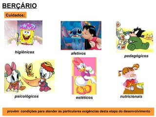 afetivos estéticos higiênicos psicológicos pedagógicos nutricionais Cuidados: provêm  condições para atender às particulares exigências desta etapa do desenvolvimento BERÇÁRIO 