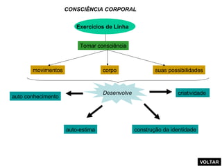 Exercícios de Linha  CONSCIÊNCIA CORPORAL   movimentos corpo suas possibilidades Tomar consciência criatividade  auto conhecimento Desenvolve auto-estima construção da identidade VOLTAR 
