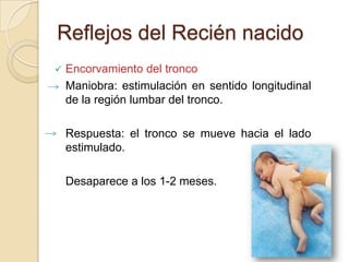 Reflejos del Recién nacido
   Encorvamiento del tronco
    Maniobra: estimulación en sentido longitudinal
    de la región lumbar del tronco.

    Respuesta: el tronco se mueve hacia el lado
    estimulado.

    Desaparece a los 1-2 meses.
 