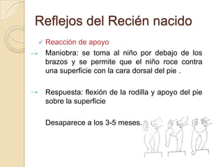 Reflejos del Recién nacido
   Reacción de apoyo
    Maniobra: se toma al niño por debajo de los
    brazos y se permite que el niño roce contra
    una superficie con la cara dorsal del pie .

    Respuesta: flexión de la rodilla y apoyo del pie
    sobre la superficie

    Desaparece a los 3-5 meses.
 