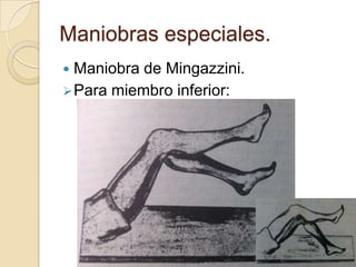 Maniobras especiales.
 Maniobra de Mingazzini.
 Para miembro inferior:
 