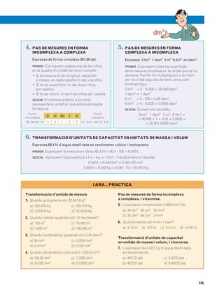 145
Transformació d’unitats de mesura
1. Quants quilograms són 32.547,8 g?
a) 325,478 kg c) 325.478 kg
b) 3,25478 kg d) 32,5478 kg
2. Quants metres quadrats són 15 hectàrees?
a) 150 m2
c) 15.000 m2
b) 1.500 m2
d) 150.000 m2
3. Quants hectòmetres quadrats són 0,34 dam2
?
a) 34 hm2
c) 0,0034 hm2
b) 3,4 hm2
d) 0,034 hm2
4. Quants decàmetres cúbics són 1.002,5 cm3
?
a) 100,25 dm3
c) 1,0025 dm3
b) 10,025 dm3
d) 0,10025 dm3
Pas de mesures de forma incomplexa
a complexa, i viceversa.
5. L’expressió complexa de 3.056,3 cm2
és:
a) 30 dm2
56 cm2
30 mm2
b) 30 dm2
56 cm2
3 mm2
6. Quants metres són 4 hm 1 dam?
a) 4,10 m b) 410 m c) 41,0 m d) 4.100 m
Transformació d’unitats de capacitat
en unitats de massa i volum, i viceversa.
7. L’expressió de 4.027,2 g d’aigua destil·lada
en decalitres és:
a) 402,72 dal c) 4,0272 dal
b) 40,272 dal d) 0,40272 dal
I ARA… PRACTICA
4. PAS DE MESURES EN FORMA
INCOMPLEXA A COMPLEXA
Expressa de forma complexa 301,56 dal.
PRIMER. Col·loquem cadascuna de les xifres
en el quadre d’unitats tenint en compte:
• Si la mesura és de longitud, capacitat
o massa, en cada casella hi cap una xifra.
• Si és de superfície, hi van dues xifres
per casella.
• Si és de volum, hi van tres xifres per casella.
SEGON. El nombre anterior a la coma
representa la unitat en què està expressada
la mesura.
3 0 1 5 6
kl hl dal ¬ dl
Forma
incomplexa
301,56 dal
Forma
complexa
3 kl 1dal 5 ¬ 6 dlF
F
5. PAS DE MESURES EN FORMA
COMPLEXA A INCOMPLEXA
Expressa 3 km2
1 dam2
5 m2
6 dm2
en dam2
.
PRIMER. Expressem totes les quantitats
de la mesura complexa en la unitat que se’ns
demana. Per fer-ho multipliquem o dividim
per la unitat seguida de tants zeros com
correspongui.
3 km2
= 3 ⋅ 10.000 = 30.000 dam2
1 dam2
= 1 dam2
5 m2
= 5 : 100 = 0,05 dam2
6 dm2
= 6 : 10.000 = 0,0006 dam2
SEGON. Sumem els resultats.
3 km2
1 dam2
5 m2
6 dm2
=
= 30.000 + 1 + 0,05 + 0,0006 =
= 30.001,05006 dam2
6. TRANSFORMACIÓ D’UNITATS DE CAPACITAT EN UNITATS DE MASSA I VOLUM
Expressa 65,4 hl d’aigua destil·lada en centímetres cúbics i hectograms.
PRIMER. Expressem la mesura en litres: 65,4 hl = 65,4 ⋅ 100 = 6.540 ¬.
SEGON. Apliquem l’equivalència 1 ¬ = 1 kg = 1 dm3
, i transformem el resultat.
6.540 ¬ = 6.540 dm3
= 6.540.000 cm3
6.540 ¬ = 6.540 kg = 6.540 ⋅ 10 = 65.400 hg
dm3
831040 _ 0131-0150.qxd 1/3/07 14:06 Página 145
 