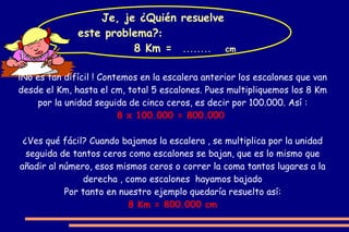 Ejemplo: para pasar de  km  a  m  hay que bajar 3 escalones, por lo tanto hay que multiplicar por 1.000. 