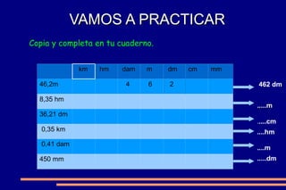Ejemplo: para pasar de  cm  a  m  hay que subir 2 escalones, por lo tanto, hay que dividir por 100. 