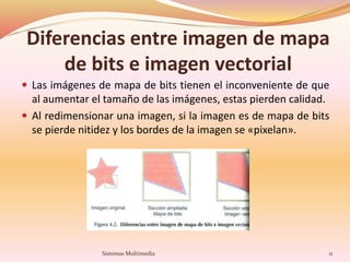 Diferencias entre imagen de mapa
de bits e imagen vectorial
 Las imágenes de mapa de bits tienen el inconveniente de que
al aumentar el tamaño de las imágenes, estas pierden calidad.
 Al redimensionar una imagen, si la imagen es de mapa de bits
se pierde nitidez y los bordes de la imagen se «pixelan».
11Sistemas Multimedia
 