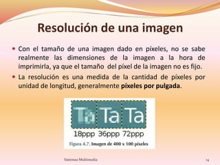 Resolución de una imagen
 Con el tamaño de una imagen dado en píxeles, no se sabe
realmente las dimensiones de la imagen a la hora de
imprimirla, ya que el tamaño del píxel de la imagen no es fijo.
 La resolución es una medida de la cantidad de píxeles por
unidad de longitud, generalmente píxeles por pulgada.
14Sistemas Multimedia
 