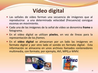 Vídeo digital
 Las señales de vídeo forman una secuencia de imágenes que al
reproducirse a una determinada velocidad (frecuencia) consigue
escenas en movimiento.
 Cada una de las imágenes de la señal de vídeo se denomina frame o
fotograma.
 En el vídeo digital se utilizan píxeles, en vez de líneas para la
representación de los frames.
 En el video digital se almacenan por un lado las imágenes en
formato digital y por otro lado el sonido en formato digital. Esta
información se almacena en unos archivos llamados contenedores
multimedia, con formato, por ejemplo, AVI, MPG,o WMV.
18Sistemas Multimedia
 