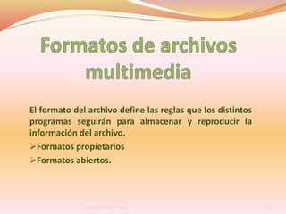 El formato del archivo define las reglas que los distintos
programas seguirán para almacenar y reproducir la
información del archivo.
Formatos propietarios
Formatos abiertos.
20Sistemas Multimedia
 