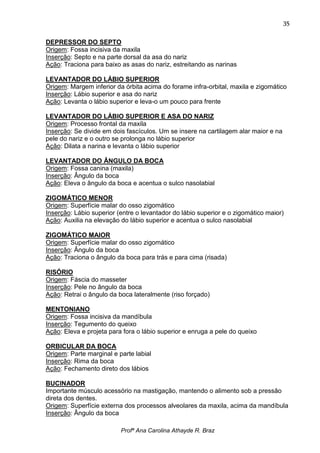 35

DEPRESSOR DO SEPTO
Origem: Fossa incisiva da maxila
Inserção: Septo e na parte dorsal da asa do nariz
Ação: Traciona para baixo as asas do nariz, estreitando as narinas

LEVANTADOR DO LÁBIO SUPERIOR
Origem: Margem inferior da órbita acima do forame infra-orbital, maxila e zigomático
Inserção: Lábio superior e asa do nariz
Ação: Levanta o lábio superior e leva-o um pouco para frente

LEVANTADOR DO LÁBIO SUPERIOR E ASA DO NARIZ
Origem: Processo frontal da maxila
Inserção: Se divide em dois fascículos. Um se insere na cartilagem alar maior e na
pele do nariz e o outro se prolonga no lábio superior
Ação: Dilata a narina e levanta o lábio superior

LEVANTADOR DO ÂNGULO DA BOCA
Origem: Fossa canina (maxila)
Inserção: Ângulo da boca
Ação: Eleva o ângulo da boca e acentua o sulco nasolabial

ZIGOMÁTICO MENOR
Origem: Superfície malar do osso zigomático
Inserção: Lábio superior (entre o levantador do lábio superior e o zigomático maior)
Ação: Auxilia na elevação do lábio superior e acentua o sulco nasolabial

ZIGOMÁTICO MAIOR
Origem: Superfície malar do osso zigomático
Inserção: Ângulo da boca
Ação: Traciona o ângulo da boca para trás e para cima (risada)

RISÓRIO
Origem: Fáscia do masseter
Inserção: Pele no ângulo da boca
Ação: Retrai o ângulo da boca lateralmente (riso forçado)

MENTONIANO
Origem: Fossa incisiva da mandíbula
Inserção: Tegumento do queixo
Ação: Eleva e projeta para fora o lábio superior e enruga a pele do queixo

ORBICULAR DA BOCA
Origem: Parte marginal e parte labial
Inserção: Rima da boca
Ação: Fechamento direto dos lábios

BUCINADOR
Importante músculo acessório na mastigação, mantendo o alimento sob a pressão
direta dos dentes.
Origem: Superfície externa dos processos alveolares da maxila, acima da mandíbula
Inserção: Ângulo da boca

                          Profª Ana Carolina Athayde R. Braz
 