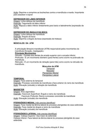 36

Ação: Deprime e comprime as bochechas contra a mandíbula e maxila. Importante
para assobiar e soprar

DEPRESSOR DO LÁBIO INFERIOR
Origem: Linha oblíqua da mandíbula
Inserção: Tegumento do lábio inferior
Ação: Repuxa o lábio inferior diretamente para baixo e lateralmente (expressão de
ironia)

DEPRESSOR DO ÂNGULO DA BOCA
Origem: Linha oblíqua da mandíbula
Inserção: Ângulo da boca
Ação: Deprime o ângulo da boca (expressão de tristeza)

MÚSCULOS DA ATM

 A articulação têmporo-mandibular (ATM) responsável pelos movimentos da
 mandíbula (fonação, mastigação).
 Principais Movimentos:
 Oclusão - Contato dos dentes da arcada superior com a arcada inferior.
 Protrusão - É um movimento dianteiro (para frente) como ocorre na protrusão da
 mandíbula.
 Retrusão - É um movimento de retração (para trás) como ocorre na retrusão da
 mandíbula.
                               Músculos da ATM
                                     Temporal
                                     Masseter
                                Pterigóideo Medial
                               Pterigóideo Lateral
TEMPORAL
Origem: Face externa do temporal
Inserção: Processo coronóide da mandíbula e face anterior do ramo da mandíbula
Ação: Elevação (oclusão) e retração da mandíbula

MASSETER
Origem: Arco zigomático
Inserção: Fascículo Superficial: Ângulo e ramo da mandíbula
         Fascículo Profundo: Ramo e processo coronóide da mandíbula
Ação: Elevação (oclusão) da mandíbula

PTERIGÓIDEO MEDIAL (não precisa identificar)
Origem: Face medial da lâmina lateral do processo pterigóideo do osso esfenóide
Inserção: Face medial do ângulo e ramo da mandíbula
Ação: Elevação (oclusão) da mandíbula

PTERIGÓIDEO LATERAL (não precisa identificar)
Origem: Cabeça Superior: Asa maior do esfenóide
Cabeça Inferior: Face lateral da lâmina lateral do processo pterigóide do osso
esfenóide


                          Profª Ana Carolina Athayde R. Braz
 