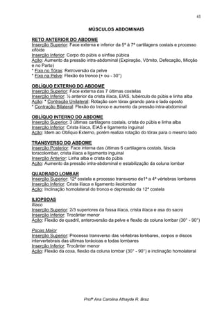 41

                              MÚSCULOS ABDOMINAIS

RETO ANTERIOR DO ABDOME
Inserção Superior: Face externa e inferior da 5ª à 7ª cartilagens costais e processo
xifóide
Inserção Inferior: Corpo do púbis e sínfise púbica
Ação: Aumento da pressão intra-abdominal (Expiração, Vômito, Defecação, Micção
e no Parto)
* Fixo no Tórax: Retroversão da pelve
* Fixo na Pelve: Flexão do tronco (+ ou - 30°)

OBLÍQUO EXTERNO DO ABDOME
Inserção Superior: Face externa das 7 últimas costelas
Inserção Inferior: ½ anterior da crista ilíaca, EIAS, tubérculo do púbis e linha alba
Ação: * Contração Unilateral: Rotação com tórax girando para o lado oposto
* Contração Bilateral: Flexão do tronco e aumento da pressão intra-abdominal

OBLÍQUO INTERNO DO ABDOME
Inserção Superior: 3 últimas cartilagens costais, crista do púbis e linha alba
Inserção Inferior: Crista ilíaca, EIAS e ligamento inguinal
Ação: Idem ao Oblíquo Externo, porém realiza rotação do tórax para o mesmo lado

TRANSVERSO DO ABDOME
Inserção Posterior: Face interna das últimas 6 cartilagens costais, fáscia
toracolombar, crista ilíaca e ligamento inguinal
Inserção Anterior: Linha alba e crista do púbis
Ação: Aumento da pressão intra-abdominal e estabilização da coluna lombar

QUADRADO LOMBAR
Inserção Superior: 12ª costela e processo transverso de1ª a 4ª vértebras lombares
Inserção Inferior: Crista ilíaca e ligamento ileolombar
Ação: Inclinação homolateral do tronco e depressão da 12ª costela

ILIOPSOAS
Ilíaco
Inserção Superior: 2/3 superiores da fossa ilíaca, crista ilíaca e asa do sacro
Inserção Inferior: Trocânter menor
Ação: Flexão de quadril, anteroversão da pelve e flexão da coluna lombar (30° - 90°)

Psoas Maior
Inserção Superior: Processo transverso das vértebras lombares, corpos e discos
intervertebrais das últimas torácicas e todas lombares
Inserção Inferior: Trocânter menor
Ação: Flexão da coxa, flexão da coluna lombar (30° - 90°) e inclinação homolateral




                           Profª Ana Carolina Athayde R. Braz
 