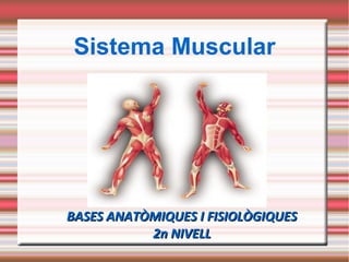 Sistema Muscular
BASES ANATÒMIQUES I FISIOLÒGIQUESBASES ANATÒMIQUES I FISIOLÒGIQUES
2n NIVELL2n NIVELL
 