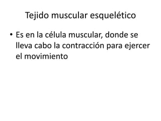 Tejido muscular esquelético
• Es en la célula muscular, donde se
lleva cabo la contracción para ejercer
el movimiento
 