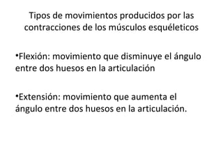 Tipos de movimientos producidos por las
contracciones de los músculos esquéleticos
•Flexión: movimiento que disminuye el ángulo
entre dos huesos en la articulación
•Extensión: movimiento que aumenta el
ángulo entre dos huesos en la articulación.
 