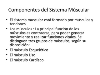 Componentes del Sistema Múscular
• El sistema muscular está formado por músculos y
tendones.
• Los músculos : La principal función de los
músculos es contraerse, para poder generar
movimiento y realizar funciones vitales. Se
distinguen tres grupos de músculos, según su
disposición:
• El músculo Esquelético
• El músculo Liso
• El músculo Cardíaco
 