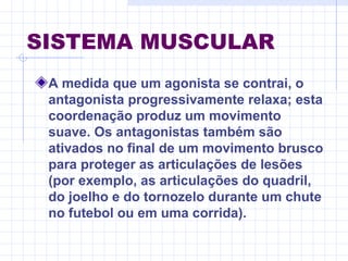 SISTEMA MUSCULAR
A medida que um agonista se contrai, o
antagonista progressivamente relaxa; esta
coordenação produz um movimento
suave. Os antagonistas também são
ativados no final de um movimento brusco
para proteger as articulações de lesões
(por exemplo, as articulações do quadril,
do joelho e do tornozelo durante um chute
no futebol ou em uma corrida).
 