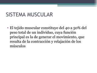 SISTEMA MUSCULAR
• El tejido muscular constituye del 40 a 50% del
peso total de un individuo, cuya función
principal es la de generar el movimiento, que
resulta de la contracción y relajación de los
músculos
 