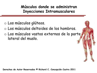 Músculos donde se administran
                Inyecciones Intramusculares


 o Los músculos glúteos.
 o Los músculos deltoides de los hombros.
 o Los músculos vastos externos de la parte
   lateral del muslo.




Derechos de Autor Reservados © Richard C. Concepción Castro 2011
 