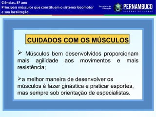 Ciências, 8º ano
Principais músculos que constituem o sistema locomotor
e sua localização
CUIDADOS COM OS MÚSCULOS
 Músculos bem desenvolvidos proporcionam
mais agilidade aos movimentos e mais
resistência;
a melhor maneira de desenvolver os
músculos é fazer ginástica e praticar esportes,
mas sempre sob orientação de especialistas.
 