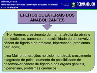 No Homem: crescimento da mama, atrofia do pênis e
dos testículos, aumento da possibilidade de desenvolver
câncer de fígado e de próstata, hipertensão, problemas
cardíacos;
na Mulher: alterações no ciclo menstrual, crescimento
exagerado de pelos, aumento da possibilidade de
desenvolver câncer de fígado e dos órgãos genitais,
hipertensão, problemas cardíacos.
EFEITOS COLATERAIS DOS
ANABOLIZANTES
Ciências, 8º ano
Principais músculos que constituem o sistema locomotor
e sua localização
 
