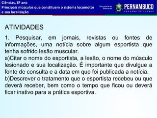 Ciências, 8º ano
Principais músculos que constituem o sistema locomotor
e sua localização
ATIVIDADES
1. Pesquisar, em jornais, revistas ou fontes de
informações, uma notícia sobre algum esportista que
tenha sofrido lesão muscular.
a)Citar o nome do esportista, a lesão, o nome do músculo
lesionado e sua localização. É importante que divulgue a
fonte de consulta e a data em que foi publicada a notícia.
b)Descrever o tratamento que o esportista recebeu ou que
deverá receber, bem como o tempo que ficou ou deverá
ficar inativo para a prática esportiva.
 