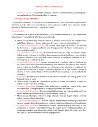REPASO PARCIAL MUSCULOS
- Pronador cuadrado. El pronador cuadrado, tal como su nombre indica, es cuadrangular y
prona el antebrazo. No se puede palpar ni observar.
MÚSCULOS EXTENSORES
Los músculos extensores se encuentran en el compartimento posterior (extensor-supinador) del
antebrazo, y todos ellos están inervados por ramos del nervio radial. Estos músculos pueden
organizarse fisiológicamente en tres grupos funcionales:
Braquiorradial.
El braquiorradial es un músculo fusiforme que se sitúa superficialmente en la cara anterolateral
del antebrazo. Forma el borde lateral de la fosa del codo.
 Músculos que extienden y abducen o aducen la mano en la articulación del carpo (extensor
radial largo del carpo, extensor radial corto del carpo y extensor ulnar del carpo).
- Extensor radial largo del carpo. El extensor radial largo del carpo es un músculo
fusiforme que se solapa parcialmente con el braquiorradial (de hecho, con frecuencia se
encuentran fusionados).
- Extensor radial corto del carpo. El extensor radial corto del carpo, tal como su nombre
indica, es más corto que su homólogo largo porque se origina distalmente en el miembro,
aunque se inserta cerca de donde lo hace este último en la mano (pero en la base del 3. er
metacarpiano y no en la del 2. do).
- Extensor ulnar del carpo. El extensor ulnar del carpo es un largo músculo fusiforme que
se localiza en el borde medial del antebrazo y está dotado de dos cabezas: una humeral,
que se origina en el tendón común de los extensores, y una ulnar que se origina en una
aponeurosis común que se inserta en el borde posterior de la ulna y donde también se
insertan el flexor ulnar del carpo, el flexor profundo de los dedos y la fascia profunda del
antebrazo.
- Supinador. El supinador se encuentra en profundidad en la fosa del codo y, junto con el
braquial, forma su suelo
 Músculos que extienden los cuatro dedos mediales (extensor de los dedos, extensor del
índice y extensor del dedo meñique).
- Extensor de los dedos. El extensor de los dedos, que es el principal extensor de los cuatro
dedos mediales, ocupa gran parte de la superficie posterior del antebrazo.
- Extensor del dedo meñique. El extensor del dedo meñique, una cinta muscular fusiforme,
es una porción parcialmente separada del extensor de los dedos
 Músculos que extienden o abducen el pulgar (abductor largo del pulgar, extensor corto del
pulgar y extensor largo del pulgar).
- Abductor largo del pulgar. El abductor largo del pulgar tiene un vientre largo y fusiforme
justo en situación distal al supinador y en contacto estrecho con el extensor corto del pulgar.
- Extensor corto del pulgar. El vientre del extensor corto del pulgar es fusiforme y se sitúa
distalmente en relación con el abductor largo del pulgar, que lo recubre parcialmente. Su
tendón es paralelo e inmediatamente medial al del abductor largo del pulgar, pero llega
más lejos, ya que alcanza la base de la falange proximal.
 
