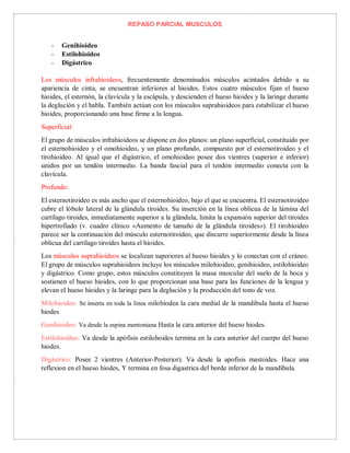 REPASO PARCIAL MUSCULOS
- Genihioideo
- Estilohioideo
- Digástrico
Los músculos infrahioideos, frecuentemente denominados músculos acintados debido a su
apariencia de cinta, se encuentran inferiores al hioides. Estos cuatro músculos fijan el hueso
hioides, el esternón, la clavícula y la escápula, y descienden el hueso hioides y la laringe durante
la deglución y el habla. También actúan con los músculos suprahioideos para estabilizar el hueso
hioides, proporcionando una base firme a la lengua.
Superficial:
El grupo de músculos infrahioideos se dispone en dos planos: un plano superficial, constituido por
el esternohioideo y el omohioideo, y un plano profundo, compuesto por el esternotiroideo y el
tirohioideo. Al igual que el digástrico, el omohioideo posee dos vientres (superior e inferior)
unidos por un tendón intermedio. La banda fascial para el tendón intermedio conecta con la
clavícula.
Profundo:
El esternotiroideo es más ancho que el esternohioideo, bajo el que se encuentra. El esternotiroideo
cubre el lóbulo lateral de la glándula tiroides. Su inserción en la línea oblicua de la lámina del
cartílago tiroides, inmediatamente superior a la glándula, limita la expansión superior del tiroides
hipertrofiado (v. cuadro clínico «Aumento de tamaño de la glándula tiroides»). El tirohioideo
parece ser la continuación del músculo esternotiroideo, que discurre superiormente desde la línea
oblicua del cartílago tiroides hasta el hioides.
Los músculos suprahioideos se localizan superiores al hueso hioides y lo conectan con el cráneo.
El grupo de músculos suprahioideos incluye los músculos milohioideo, genihioideo, estilohioideo
y digástrico. Como grupo, estos músculos constituyen la masa muscular del suelo de la boca y
sostienen el hueso hioides, con lo que proporcionan una base para las funciones de la lengua y
elevan el hueso hioides y la laringe para la deglución y la producción del tono de voz.
Milohioideo: Se inserta en toda la linea milohiodea la cara medial de la mandibula hasta el hueso
hiodes
Genihioideo: Va desde la espina mentoniana Hasta la cara anterior del hueso hiodes.
Estilohioideo: Va desde la apófisis estilohoides termina en la cara anterior del cuerpo del hueso
hiodes.
Digástrico: Posee 2 vientres (Anterior-Posterior). Va desde la apofisis mastoides. Hace una
reflexion en el hueso hiodes, Y termina en fosa digastrica del borde inferior de la mandíbula.
 