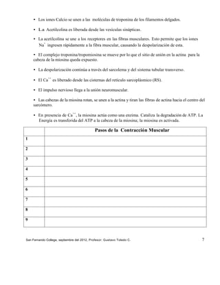 • Los iones Calcio se unen a las moléculas de troponina de los filamentos delgados.

    • La Acetilcolina es liberada desde las vesículas sinápticas.

    • La acetilcolina se une a los receptores en las fibras musculares. Esto permite que los iones
         +
      Na ingresen rápidamente a la fibra muscular, causando la despolarización de esta.

    • El complejo troponina/tropomiosina se mueve por lo que el sitio de unión en la actina para la
    cabeza de la miosina queda expuesto.

    • La despolarización continúa a través del sarcolema y del sistema tubular transverso.
              ++
    • El Ca        es liberado desde las cisternas del retículo sarcoplásmico (RS).

    • El impulso nervioso llega a la unión neuromuscular.

    • Las cabezas de la miosina rotan, se unen a la actina y tiran las fibras de actina hacia el centro del
    sarcómero.
                               ++
    • En presencia de Ca , la miosina actúa como una enzima. Cataliza la degradación de ATP. La
      Energía es transferida del ATP a la cabeza de la miosina; la miosina es activada.

                                              Pasos de la Contracción Muscular
1

2

3

4

5

6

7

8

9



San Fernando College, septiembre del 2012, Profesor: Gustavo Toledo C.                                   7
 