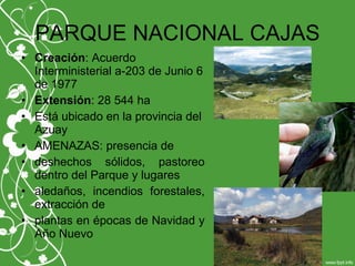 PARQUE NACIONAL CAJAS
• Creación: Acuerdo
Interministerial a-203 de Junio 6
de 1977
• Extensión: 28 544 ha
• Está ubicado en la provincia del
Azuay
• AMENAZAS: presencia de
• deshechos sólidos, pastoreo
dentro del Parque y lugares
• aledaños, incendios forestales,
extracción de
• plantas en épocas de Navidad y
Año Nuevo
 