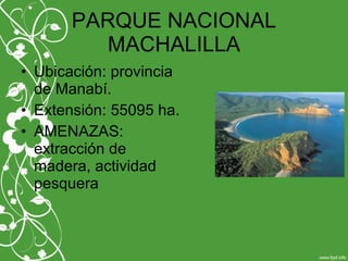 PARQUE NACIONAL
MACHALILLA
• Ubicación: provincia
de Manabí.
• Extensión: 55095 ha.
• AMENAZAS:
extracción de
madera, actividad
pesquera
 