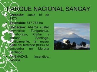 PARQUE NACIONAL SANGAY
• Creación: Junio 16 de
1975
• Extensión: 517 765 ha
• Ubicación: Abarca cuatro
provincias: Tungurahua,
Chimborazo, Cañar y
Morona Santiago.
Políticamente, la mayor
parte del territorio (80%) se
encuentra en Morona
Santiago.
• AMENAZAS: Incendios,
cacería
 