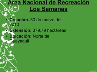 Área Nacional de Recreación
Los Samanes
• Creación: 30 de marzo del
2010
• Extensión: 379,79 hectáreas
• Ubicación: Norte de
Guayaquil
 